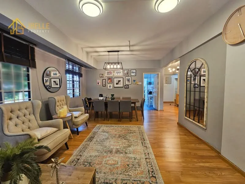 Living features: laminate flooring, grey painted walls, recessed ceiling lights, two ceiling light fixtures, large windows with sheer curtains, decorative wall mirror, framed artwork on walls, area rug with geometric pattern, dining table with six chairs, two armchairs, wooden coffee table; style: modern.