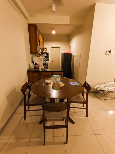 Dining features: round wooden dining table, 4 wooden dining chairs, white walls, tile flooring, recessed ceiling lights, kitchen cabinetry in wood, fridge, kitchen countertop, doorway leading to kitchen, decorative bowl on table; style: modern.