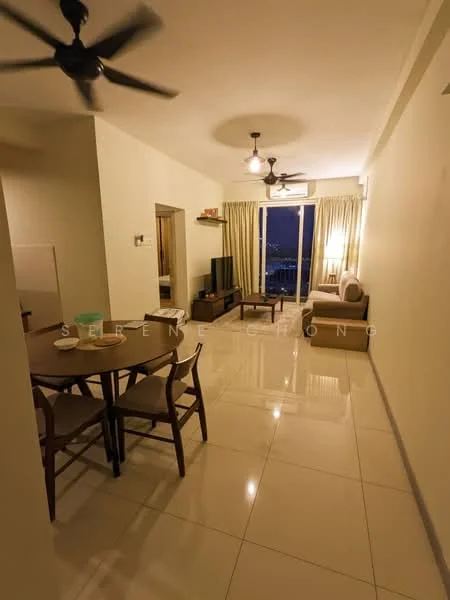 Living features: cream painted walls, glossy tile flooring, 5-blade ceiling fan with light, 2-blade ceiling fan, sofa in beige, coffee table, TV console, wall-mounted TV, dining table with 4 chairs, curtains, floor-to-ceiling windows; style: modern; view: city.