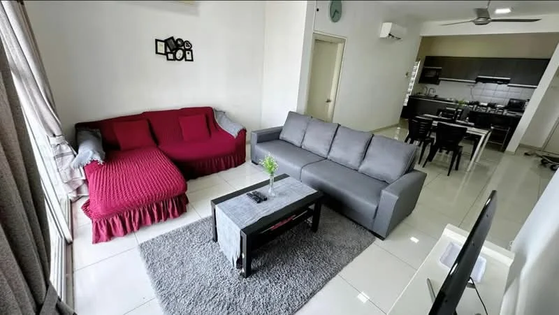 Living features: 3-seater fabric sofa in grey, 2-seater fabric sofa in red, coffee table, area rug, wall-mounted TV, floor-to-ceiling windows with sheer curtains, recessed downlights, ceiling fan, white painted walls, glossy tile flooring; style: modern. Kitchen features: kitchen cabinets, stainless-steel sink, built-in oven, 4-burner gas hob, microwave, refrigerator, dining table with chairs; style: modern.