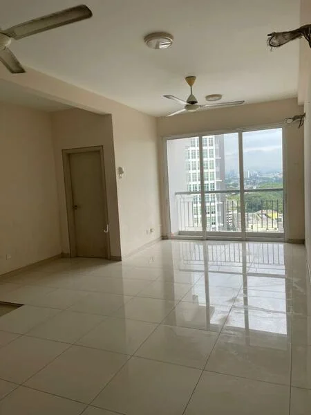 Living features: white painted walls, polished ceramic tile flooring, 5-blade ceiling fan with light, floor-to-ceiling windows, sliding glass door, balcony access, city view, recessed downlights; style: modern; view: city.