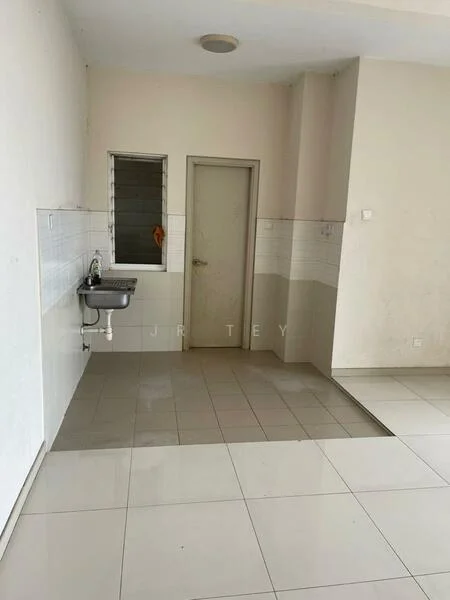 Room features: white painted walls, glossy white tile flooring, single-bowl stainless-steel sink, wall-mounted faucet, door leading to another room, window with no visible treatment, light ceiling fixture.