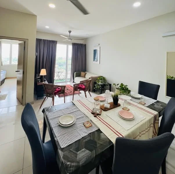 Dining features: 6-seater dining table, black upholstered dining chairs, table setting with plates and glasses, decorative table runner, pendant light, floor-to-ceiling windows, curtains in dark grey, indoor plants, area rug with geometric pattern; style: modern; view: garden. Living features: sofa with cushions, armchair, coffee table, decorative wall art, lamp on side table, open layout to dining area; style: modern; view: garden. Bedroom features: queen-size bed, bedside lamp, built-in wardrobe, window with view, decorative artwork; style: modern; view: garden.