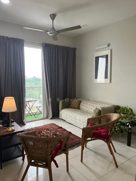 Living features: 3-seater fabric sofa in light color, 2 wicker chairs with cushions, coffee table, area rug with geometric pattern, floor-to-ceiling windows, curtains in grey, ceiling fan, wall-mounted artwork, TV console, decorative plants; style: modern; view: city.