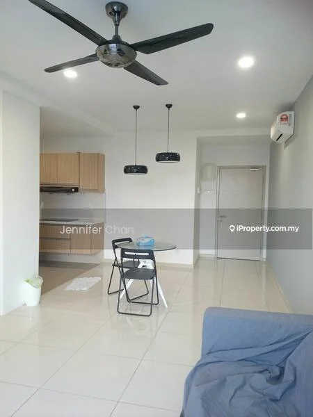 Living features: white painted walls, glossy tile flooring, 5-blade ceiling fan with light, 2 pendant lamps, round dining table, 4 black dining chairs, grey fabric sofa, air conditioning unit, kitchen area visible in background, open layout; style: modern.