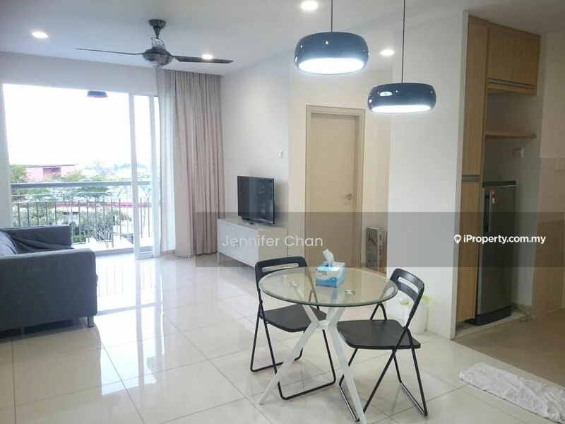 Living features: 3-seater fabric sofa in grey, wall-mounted TV, ceiling fan with light, recessed downlights, floor-to-ceiling windows, sliding glass door, white painted walls, glossy tile flooring, glass dining table, 2 black dining chairs, curtains, kitchen cabinetry, refrigerator; style: modern; view: city.