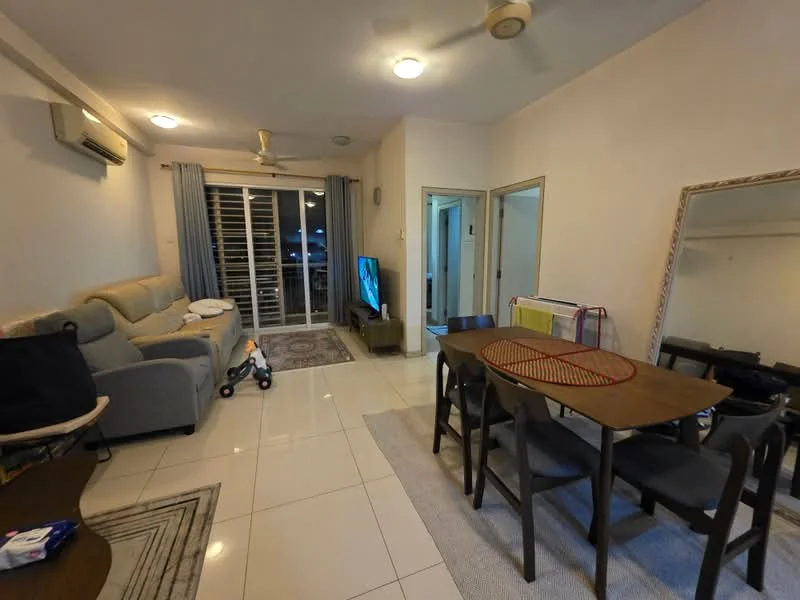 Living features: 3-seater fabric sofa in light grey, wall-mounted TV, coffee table, area rug with geometric pattern, ceiling fan, 1 wall-mounted split AC, white painted walls, tile flooring, large sliding glass door, curtains, decorative mirror, dining table with 6 chairs; style: modern.