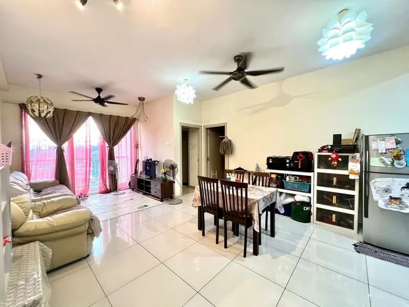 Living features: cream leather sofa, 3-seater sofa, 2 ceiling fans, white tiled flooring, dining table with 6 chairs, decorative pendant light, sheer curtains, floor-to-ceiling windows, wall-mounted refrigerator, fridge with side compartments, area rug, wall clock; style: modern; view: city.