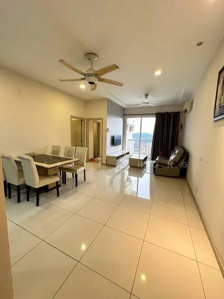 Living features: white painted walls, glossy ceramic tile flooring, 5-blade ceiling fan with light, wall-mounted TV, sofa, coffee table, dining table with chairs, floor-to-ceiling windows, curtains, decorative wall art; style: modern; view: city.