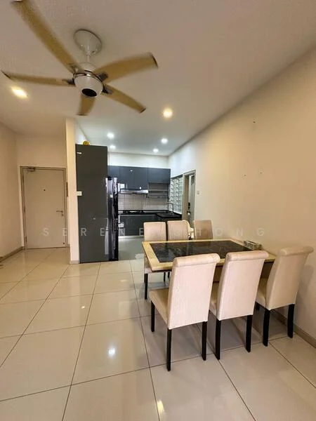 Dining features: 6-seater dining table, upholstered dining chairs, ceiling fan with light, white painted walls, glossy ceramic tile flooring, recessed LED downlights, open layout to kitchen, large windows, neutral color scheme; style: modern. Kitchen features: stainless-steel fridge, built-in cabinets, countertop, kitchen island, open layout to dining area; style: modern.