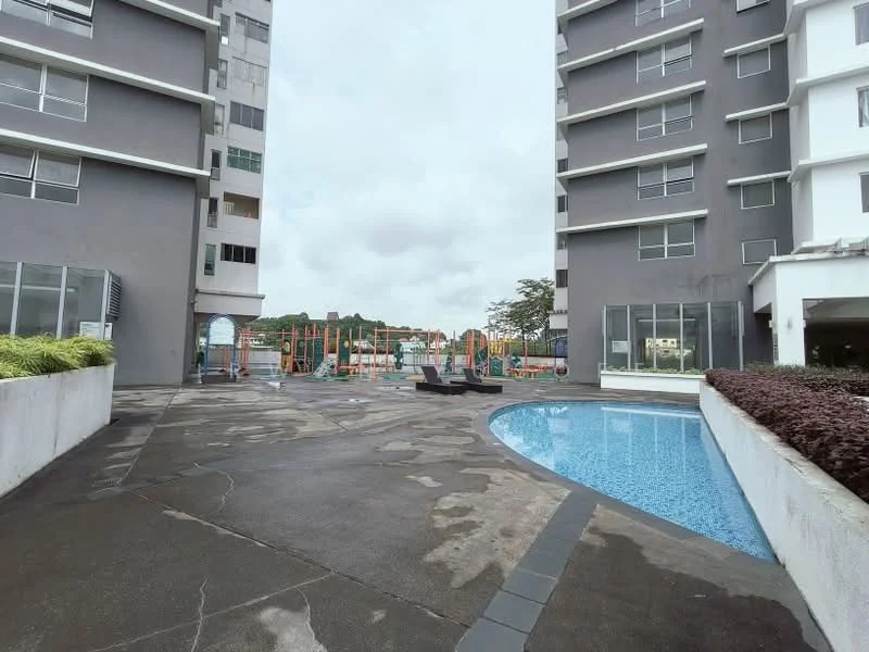 Exterior type: mid-rise condominium; features: swimming pool, pool deck with loungers, manicured landscaping, concrete pathway, glass curtain wall, grey painted facade, children's playground, outdoor seating area; style: modern.