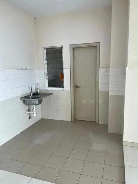Laundry features: single-bowl stainless-steel sink, chrome faucet, white tiled walls, light grey floor tiles, window with horizontal slats, plain door, wall-mounted pipe, empty wall space.