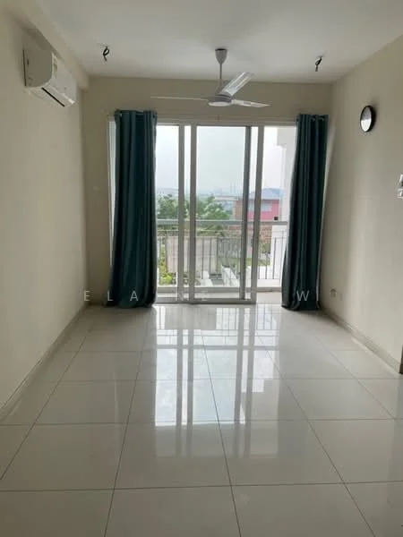 Living features: white painted walls, glossy ceramic tile flooring, 5-blade ceiling fan with light, floor-to-ceiling sliding glass door, curtains in teal, wall-mounted air conditioning unit, wall clock, natural light from sliding door; style: modern; view: city.
