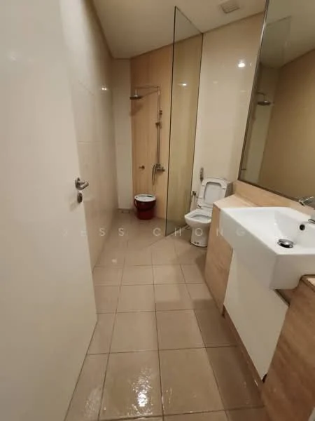 Bathroom features: white wall tiles, beige floor tiles, glass shower enclosure, rain shower head, single-sink vanity with wood cabinet, chrome basin mixer faucet, toilet, large mirror, built-in storage, recessed lighting; style: modern.