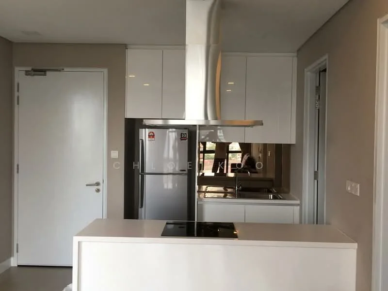 Kitchen features: white cabinetry, stainless-steel fridge, stainless-steel range hood, built-in cooktop, white countertop, mirror backsplash, single-bowl stainless-steel sink, chrome pull-down faucet, wall-mounted cabinets, open shelving, grey painted walls, recessed downlights; style: modern.