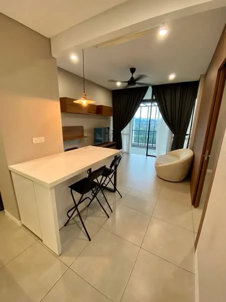 Kitchen features: white quartz countertop, kitchen island with seating for 3, wood cabinetry, pendant light above island, black ceiling fan, open layout, large sliding glass door, floor-to-ceiling windows, grey tiled flooring, curtains, view of city skyline; style: modern; view: city.