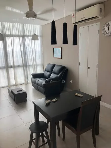 Living features: black leather sofa, 2-seater sofa, coffee table, dining table for 2, black dining chairs, wall-mounted clock, floor-to-ceiling windows with sheer curtains, 1 wall-mounted split AC, ceiling fan with light, light fixtures with black shades, neutral painted walls, tile flooring; style: modern; view: city.