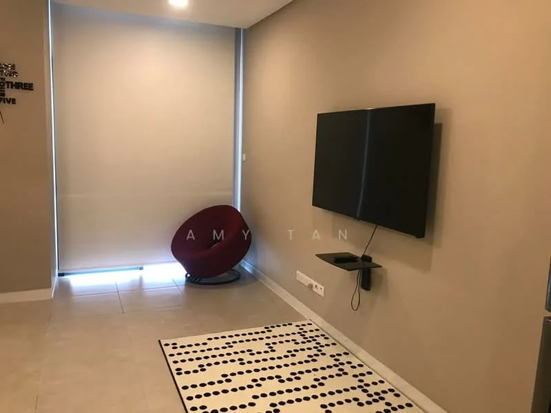 Living features: light beige painted walls, cream tile flooring, wall-mounted flat-screen TV, black TV console, red accent chair, black and white area rug with geometric pattern, roller blinds on window, recessed lighting; style: modern.