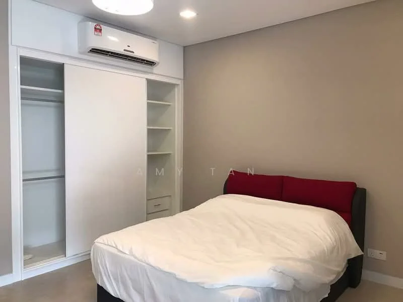 Bedroom features: king-size bed with white bedding, upholstered headboard in red, built-in wardrobe with sliding doors, open shelving unit, wall-mounted air conditioning unit, light fixture on ceiling, neutral painted walls, carpeted flooring; style: modern.
