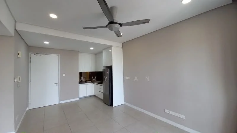 Kitchen features: white cabinetry, stainless-steel fridge, built-in oven, ceramic tile flooring, recessed downlights, 5-blade ceiling fan, grey painted walls, open layout; style: modern.