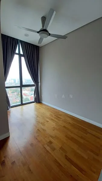 Room features: large floor-to-ceiling window, grey curtains, wooden flooring, 5-blade ceiling fan, neutral painted walls, city view, white baseboards; style: modern; view: city.