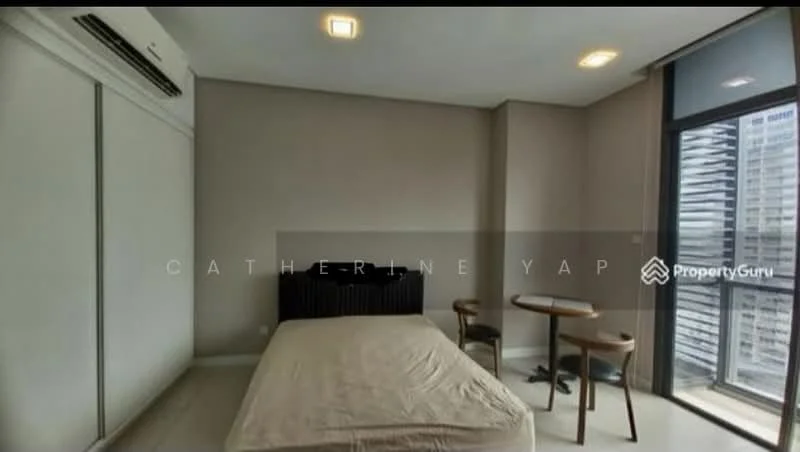 Bedroom features: light-colored painted walls, floor-to-ceiling windows, sliding glass door, white ceiling, recessed downlights, air conditioning unit, queen-size bed frame, wooden dining table, two wooden chairs, minimalist decor; style: modern; view: city.