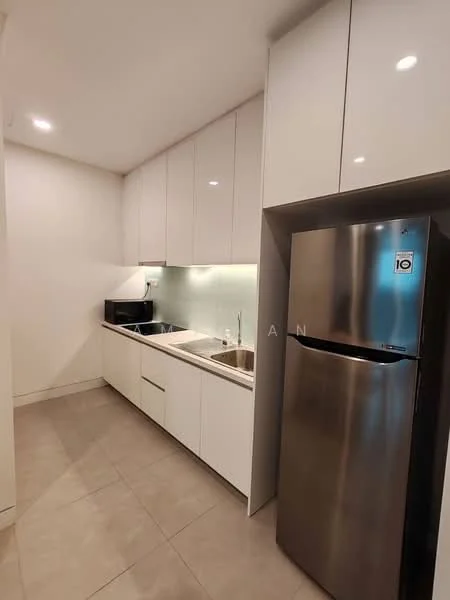 Kitchen features: white high-gloss cabinetry, stainless-steel fridge, single-bowl stainless-steel sink, chrome pull-down faucet, grey quartz countertop, glass backsplash, built-in microwave, under-cabinet lighting, tile flooring, recessed downlights; style: modern.