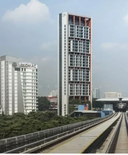 Exterior type: high-rise condominium; features: glass curtain wall, white painted facade, red accent elements, recessed balconies, approximately 20-storey high-rise, surrounded by greenery, adjacent to railway track; style: modern.