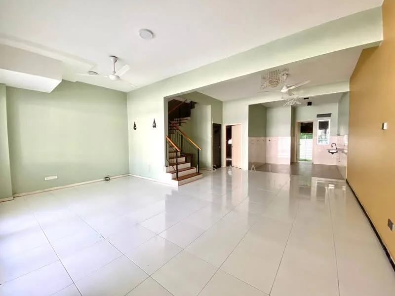 Living features: white tiled flooring, green painted walls, ceiling fan, staircase with wooden railing, recessed ceiling lights, large windows for natural light, open layout, neutral decor; style: modern. Room features: white tiled flooring, green painted walls, ceiling fan, recessed ceiling lights.