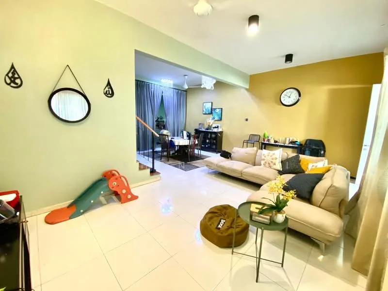 Living features: cream painted walls, green accent wall, white tiled flooring, 5-blade ceiling fan with light, sofa with cushions, coffee table, decorative mirror, wall clock, area rug, play slide, bean bag, dining table with chairs, curtains; style: modern.