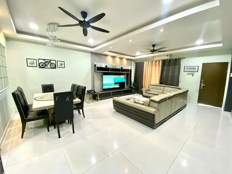 Living features: L-shape sectional sofa in beige, coffee table, wall-mounted TV, entertainment unit, recessed downlights, 5-blade ceiling fan, cream painted walls, white tiled flooring, curtains, decorative wall paneling, area rug; style: modern. Dining features: round dining table, 4 black dining chairs, white painted walls, white tiled flooring; style: modern.