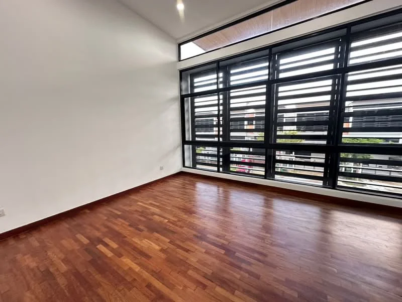 Room features: wooden flooring, white painted walls, large floor-to-ceiling windows, black metal window frames, horizontal louvered window treatments, high ceiling with recessed lighting; style: modern; view: courtyard.