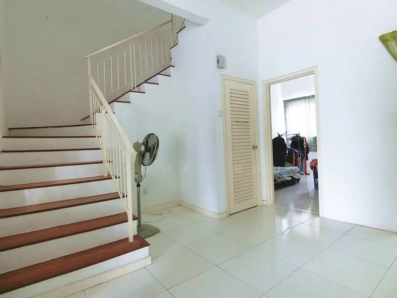 Room features: white painted walls, white ceiling, staircase with wooden steps, ceramic tile flooring, wall-mounted fan, doorway leading to another room, window with sheer curtains, built-in closet with louvered doors; style: modern.