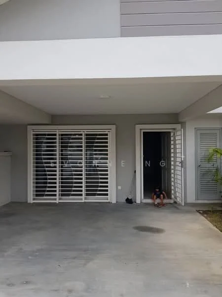 Exterior type: linked terrace house; features: grey painted facade, sliding louvered windows, main entrance door, concrete flooring, manicured lawn, covered porch area; style: modern.