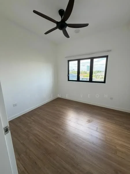 Bedroom features: light wood laminate flooring, white painted walls, 5-blade ceiling fan, two casement windows, window treatments, no visible furniture, neutral decor, city view from windows; style: modern; view: city.