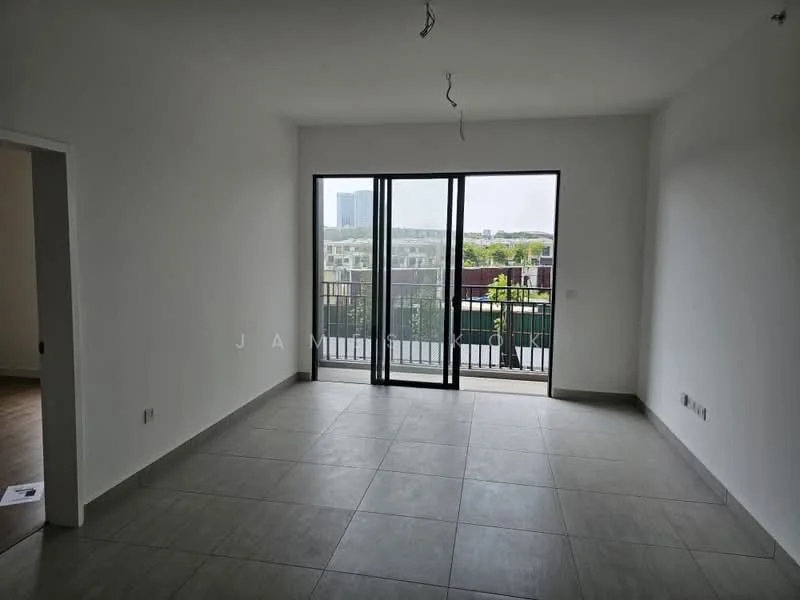 Living features: white painted walls, grey tile flooring, floor-to-ceiling sliding glass doors, balcony access, no visible ceiling fixtures, large windows, minimalist design, neutral color palette; style: modern; view: city.