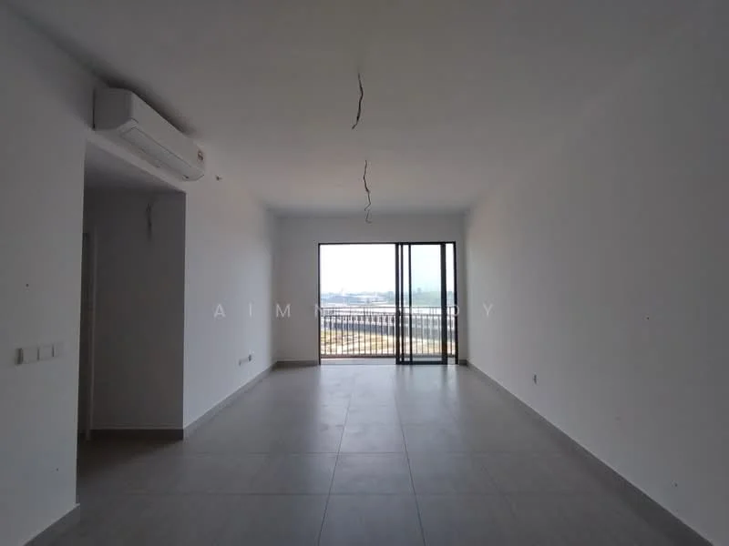Living features: white painted walls, grey tile flooring, floor-to-ceiling windows, sliding glass door, 1 wall-mounted split AC, no visible furniture, unfurnished space, natural light from windows; style: modern; view: city.