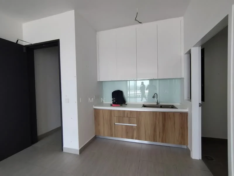 Kitchen features: white upper cabinets, wood lower cabinets, white countertop, stainless-steel sink, chrome pull-down faucet, glass backsplash, grey tile flooring, recessed downlights; style: modern.