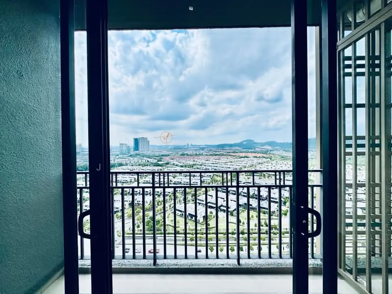 Room features: floor-to-ceiling sliding glass doors, metal railing, concrete flooring, city skyline view, mountain view, cloudy sky; style: modern; view: city.