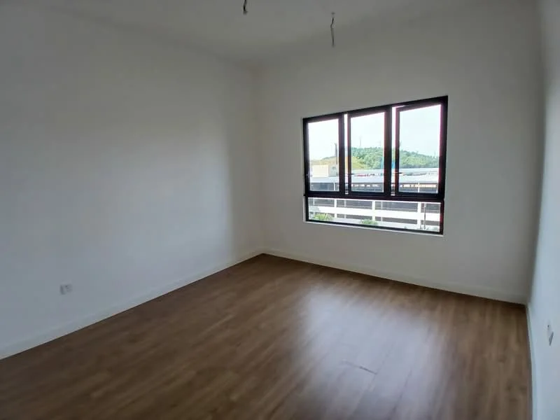 Room features: white painted walls, laminate flooring, floor-to-ceiling windows, mountain view; view: mountain.