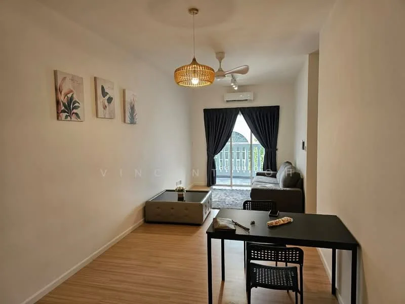 Living features: light wood flooring, white painted walls, 5-blade ceiling fan with light, sofa in grey fabric, coffee table, area rug, floor-to-ceiling sliding glass door, blackout curtains, decorative wall art, dining table with black chairs; style: modern; view: garden.