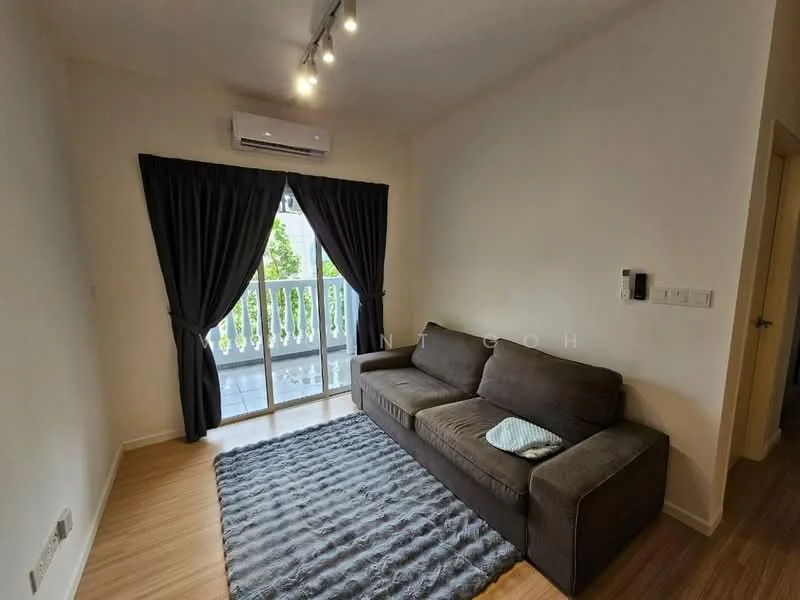 Living features: 3-seater fabric sofa in dark grey, area rug with geometric pattern, floor-to-ceiling windows, sliding glass door, blackout curtains, wall-mounted air conditioning unit, light wood flooring, white painted walls; style: modern; view: garden.