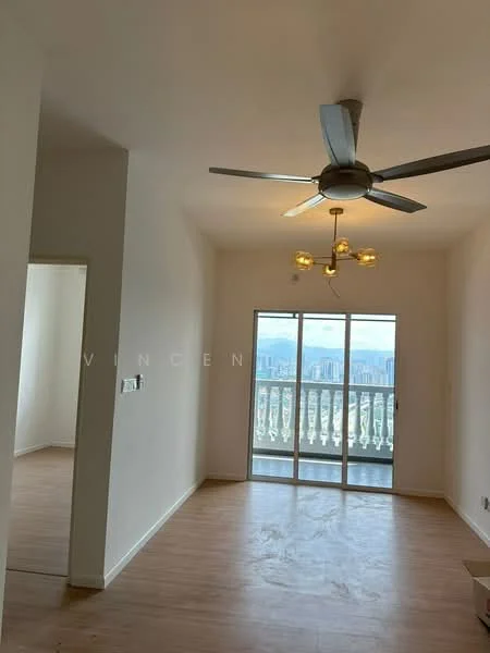 Living features: wooden flooring, white painted walls, 5-blade ceiling fan with light, floor-to-ceiling sliding glass door, balcony with railing, city skyline view, recessed lighting, decorative light fixture; style: modern; view: city. Room features: white painted walls, wooden flooring.