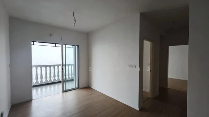 Room features: white painted walls, light wood flooring, sliding glass door, balcony with railing, two ceiling light fixtures, doorway to adjacent room; style: modern.