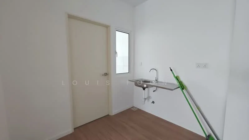 Room features: white painted walls, wooden flooring, single-bowl stainless-steel sink, chrome faucet, window with white frame, door with handle, clean and minimalistic design; style: modern.