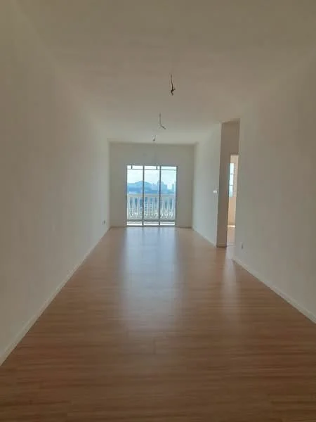 Living features: light wood laminate flooring, white painted walls, sliding glass door, floor-to-ceiling windows, natural light, unfurnished, ceiling lights, balcony view; style: modern; view: city.