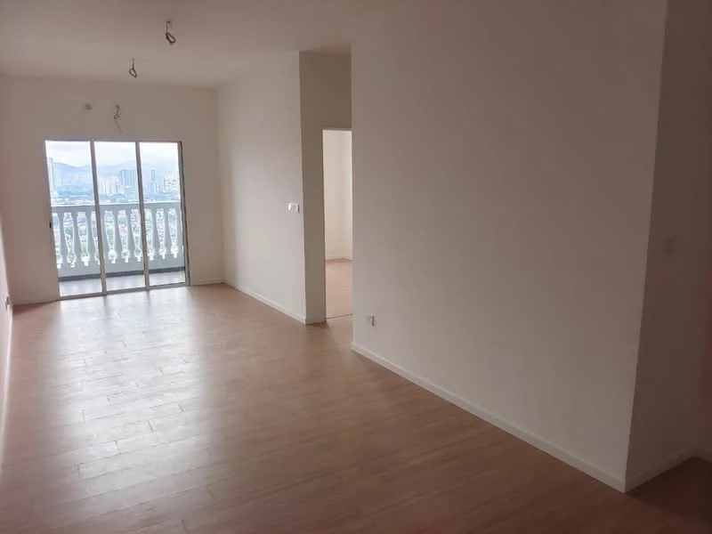 Living features: light wood flooring, white painted walls, floor-to-ceiling sliding glass door, balcony access, recessed ceiling lights, open layout, city view, no visible furniture; style: modern; view: city. Room features: white painted walls, light wood flooring, doorway leading to another room.