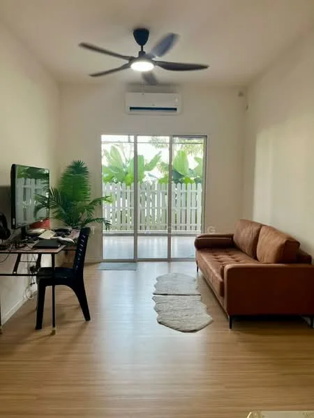 Living features: 3-seater brown leather sofa, wall-mounted TV, black desk with chair, ceiling fan, wall-mounted split AC, laminate flooring, large sliding glass door, sheer curtains, decorative indoor plants, area rug, white walls; style: modern; view: garden.