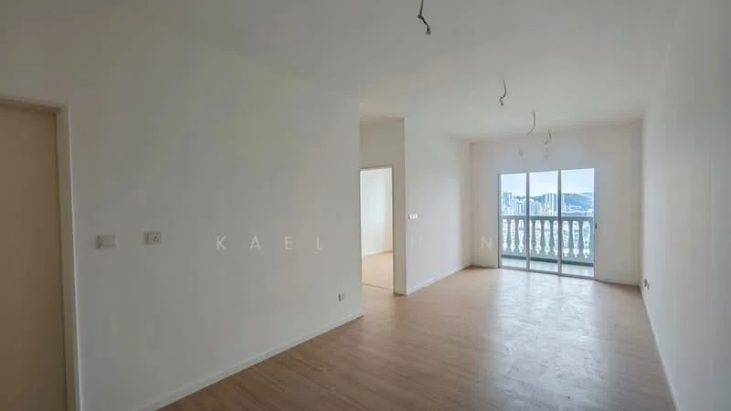 Room features: white painted walls, laminate flooring, floor-to-ceiling windows, balcony access, hanging light fixtures, open layout, natural light, neutral color scheme; style: modern; view: city.