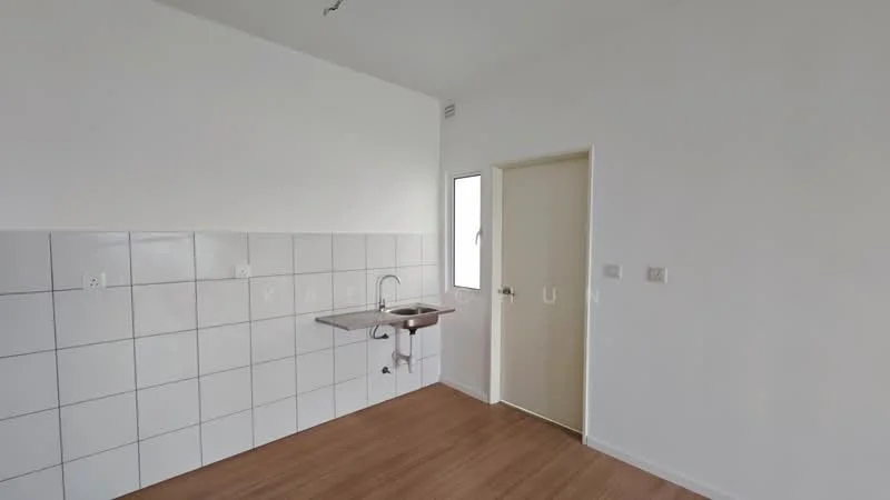 Kitchen features: white tiled walls, laminate flooring, single-bowl stainless-steel sink, wall-mounted faucet, window for natural light, door leading to another room; style: minimalist.